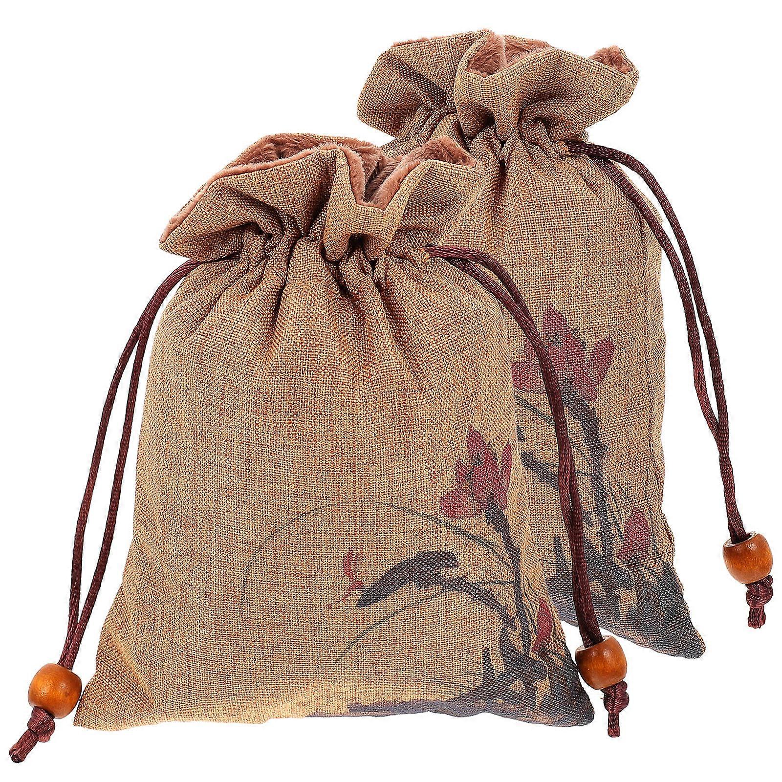 2Pcs Buddha Beads Hand String Drawstring Bags for Gift Storage Light Brown