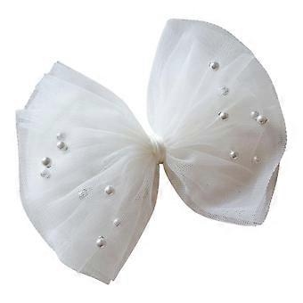 Peach Tulle Hair Bow with Pearls, 5Layer Chiffon, Large Pearl Hair Clip for Women