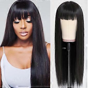 Perucas retas longas de cabelo preto com franja Perucas de cabelo sintético resistentes ao calor para mulheres 24 polegadas