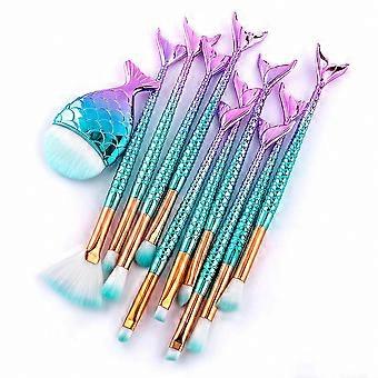 Zeemeermin make-up kwastenset 11 stuks zachte nylon borstelharen beauty kwasten kit voor foundation, poeder, crème en eyeliner