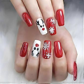 Christmas Press on Nails Set Red and White Elk Snowflake Medium Square False Nails 24 Pcs