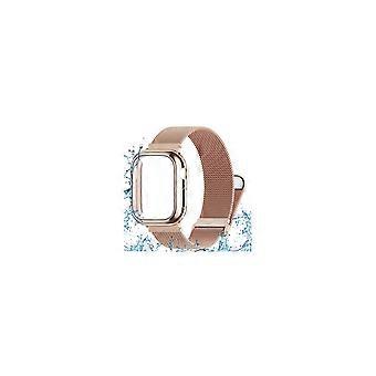Magnetic Band for Apple Watch 44mm with Waterproof Protective Case, Rose Gold Milanese Loop Adjustable Stainless Steel Strap