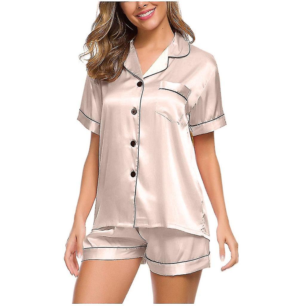 Bayan İpek Saten Pijama Takımı İki Parçalı Pijama Loungewear Düğmeli Takımlar