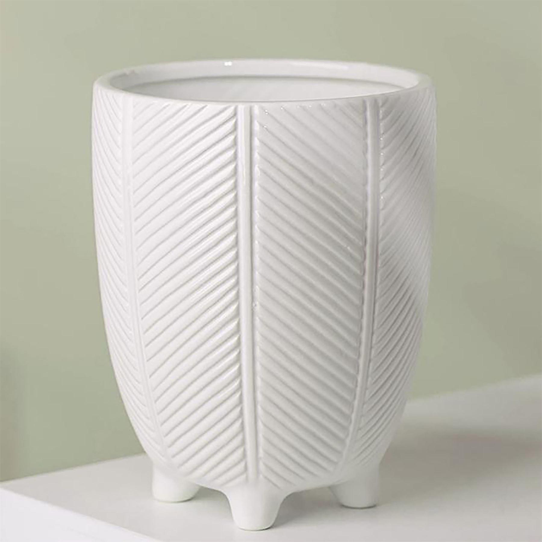 Tall Ceramic Planter Plant Pot With Feet White Stripe 15 x 15 x