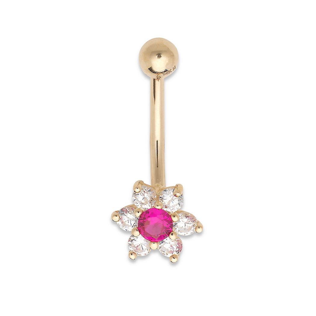 Curata Solid 14k Gold Red Cubic Zirconia Flower Belly Button Ring Dangle (7mm X 22mm) (Yellow Gold) Body Piercing-Ring f