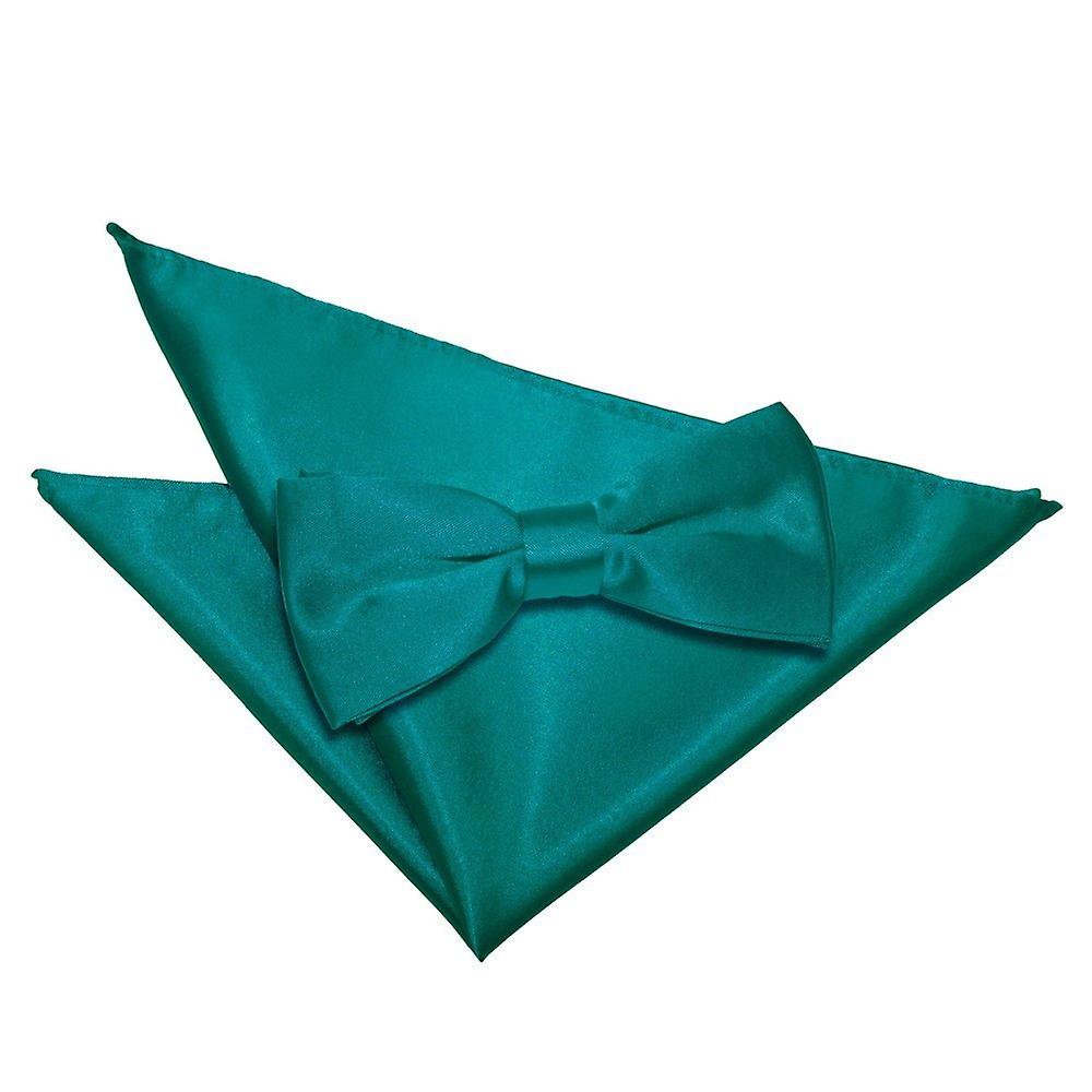 Teal Plain Satin Bow Tie and Pocket Square Set