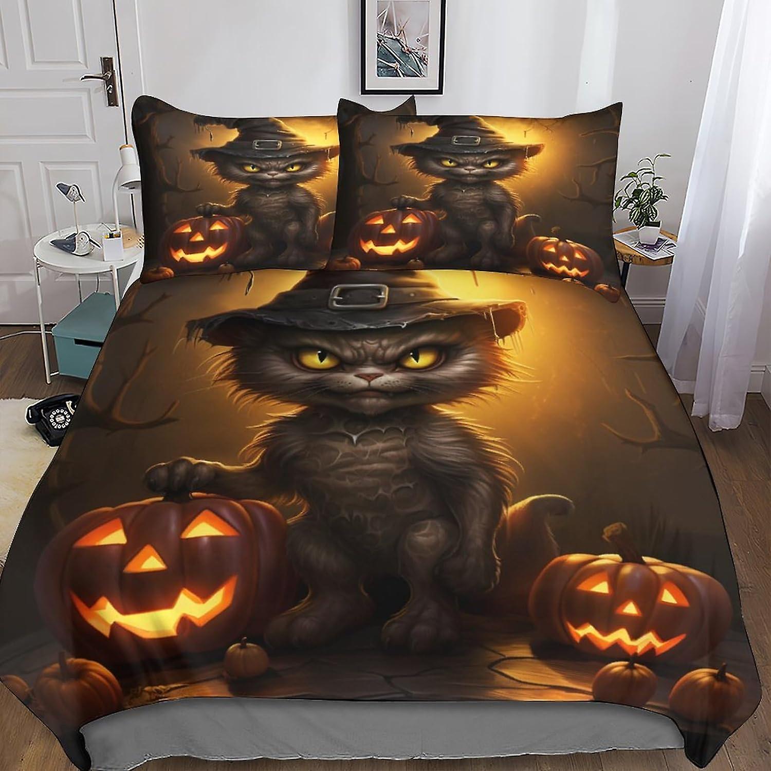 Halloween Black Cat 3 Piece Set, 3D-trykt sengetøy, putevar, skjult glidelås, AI-animasjon Dynetrekk i mikrofiber for voksne og barn