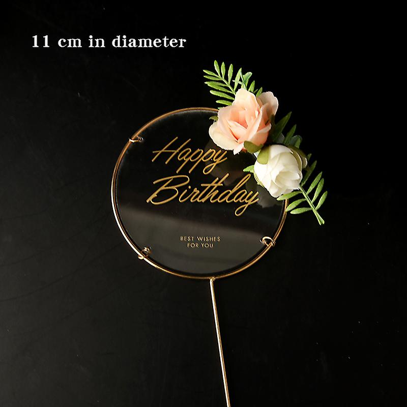 1pcsメタルハッピーバースデーケーキトッパー人工花ケーキトッパーDIYベビーシャワー誕生日パーティーデコレーションベーキングデコレーション用