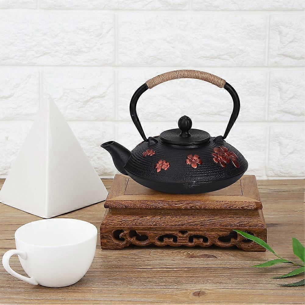 0.9L Black Cast Iron Teapot Kettle with Red Cherry Pattern 1620g