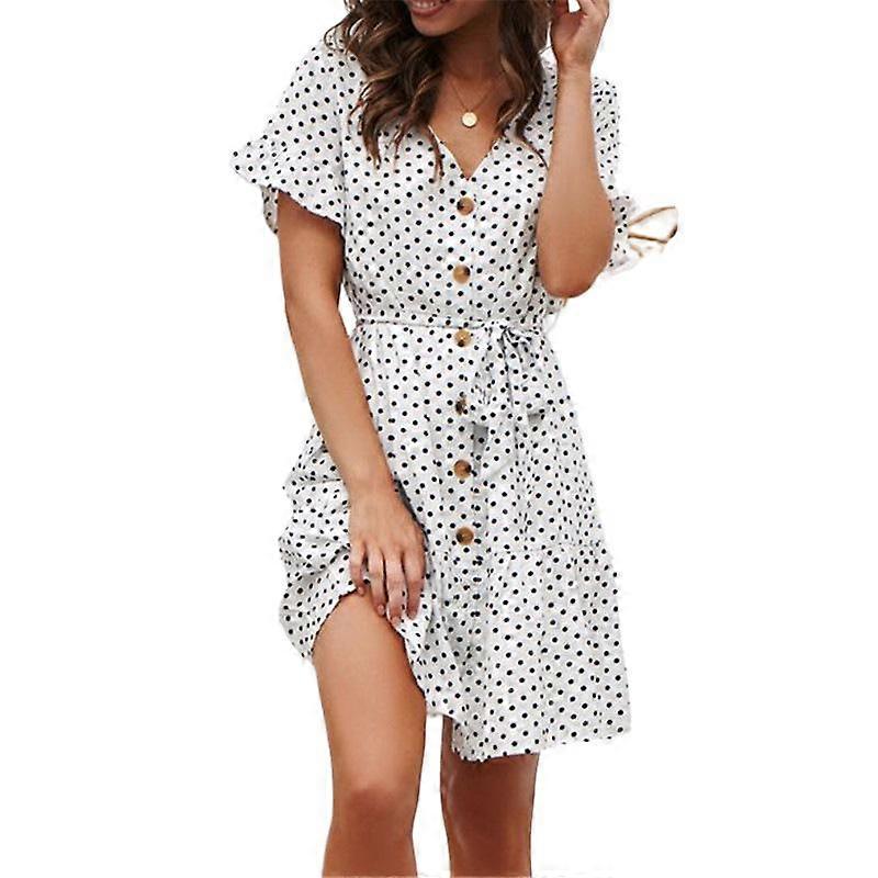 Summer Dots Frills Klänning Casual V-ringade knappar
