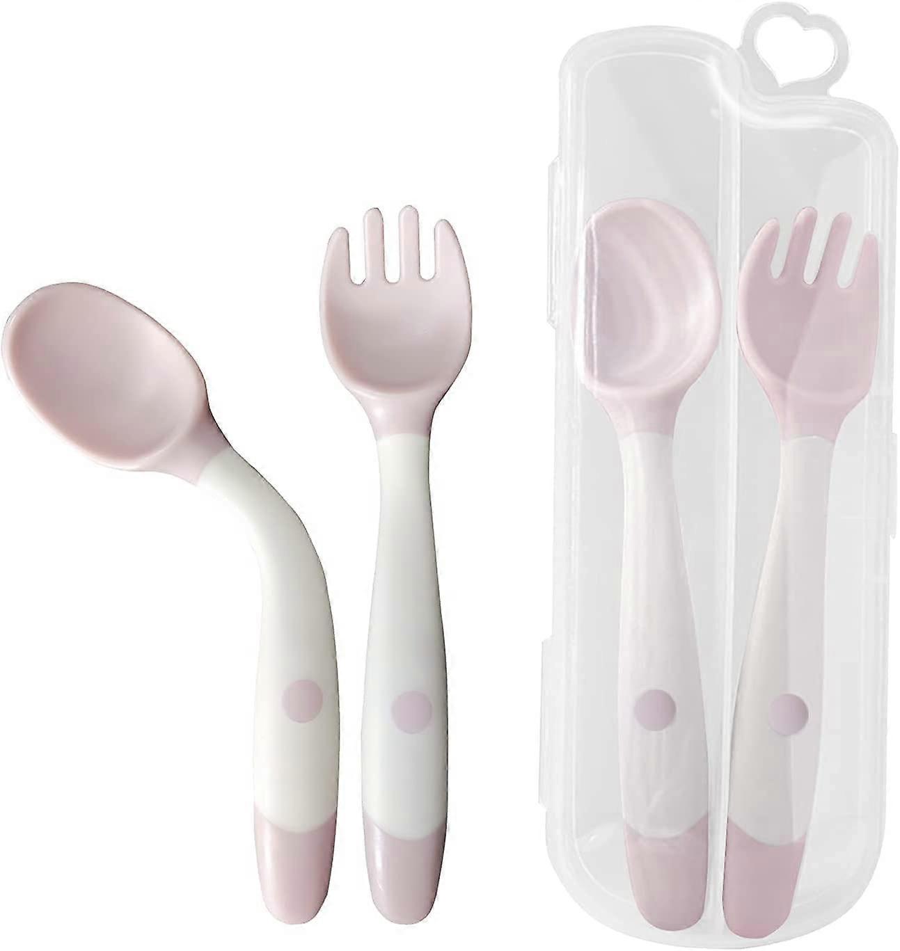 2pcs Infant Feeding Training Spoon and Fork Cutlery,Children Learning tableware (Pink)