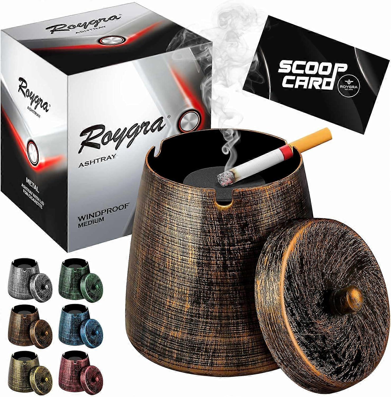 roygra Ashtray with Lid, Windproof Smokeless Metal Ashtray Bronze, Small Size (3.81 x 3.08 x 3.08)