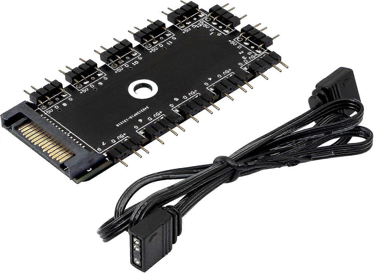 3 Pin 5V ARGB Controller, 1 to 11 Ports ARGB-HUB 12 Way 5V 3 Pin RGB LED Splitter Hub with SATA Port Support.Magic Tape and Screw Mount