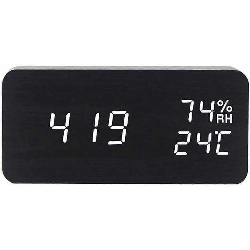 Digital Alarm Clock Wood Adjustable Brightness Voice Control LED Clock Rectangle