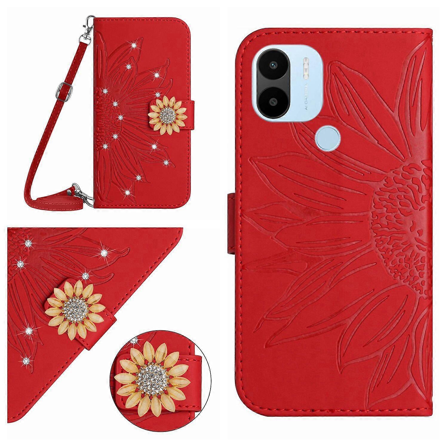 Compatible With Xiaomi Redmi A1Plus Embossed Sunflower with Diamonds Magnetic Card Holder Wallet Phone Case with Shoulder Strap