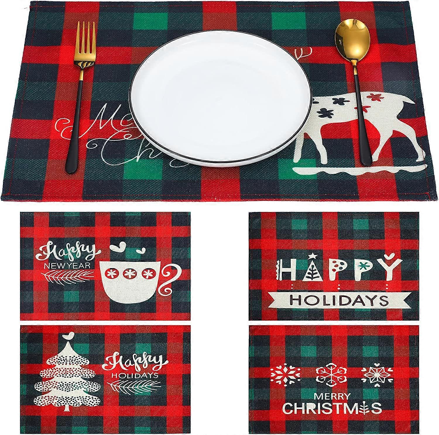 Sets de table de Noël lot de 5, Noël flocon de neige cerf arbre buffle plaid rouge et vert vérifier les sets de table, résistant à la chaleur antidérapant Set de table pour l’hiver