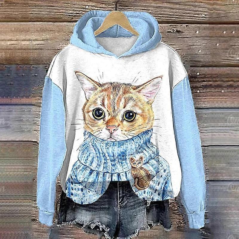 Cat Animal Print Hoodie Ladies Women's Cozy Cat Print Hoodie