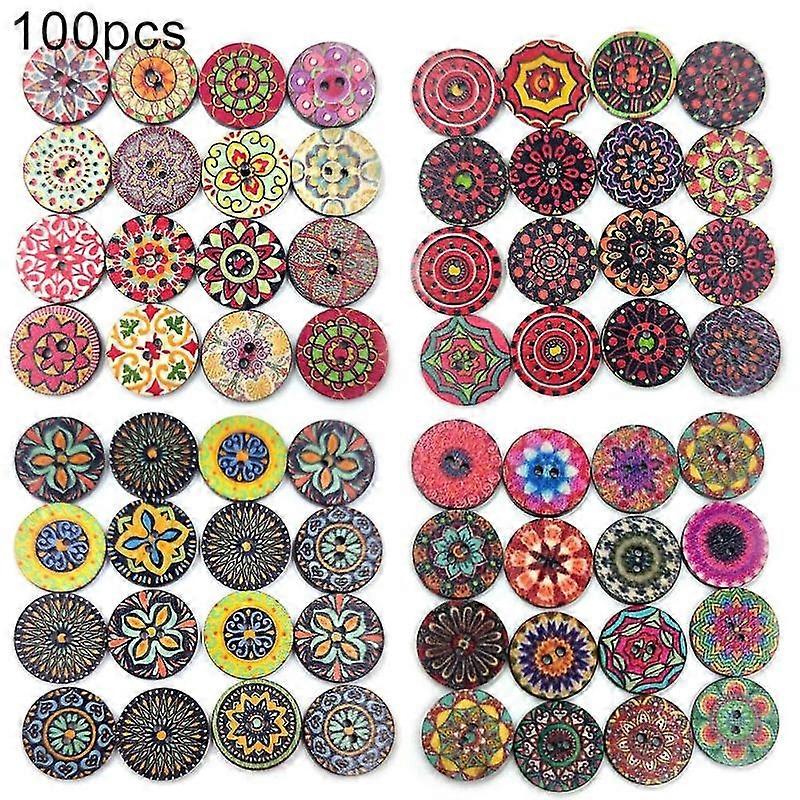 Minglan 100pcs Bohemian Style Retro Pattern Round Shape Wooden Buttons Clothing Decor