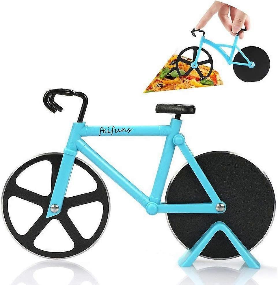 Coupe-pizza Vélo Trancheuse à pizza Deux roues de coupe en acier inoxydable avec un support (Bleu)