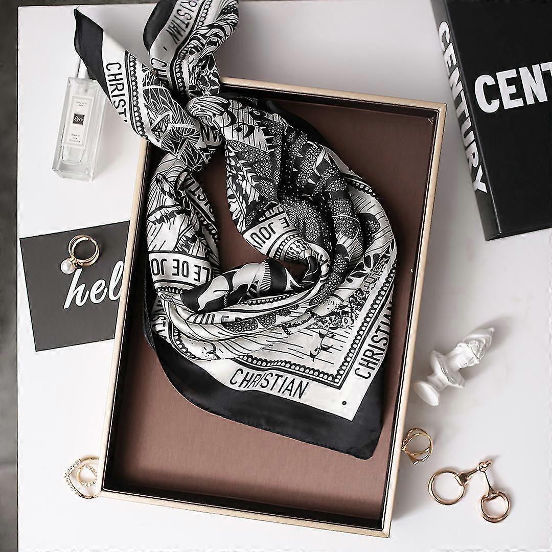 Print 70cm Silk Satin Headkerchief Women Luxury Design Neck Tie Scarf Female Hair Hand Wrist Foulard Shawl Black