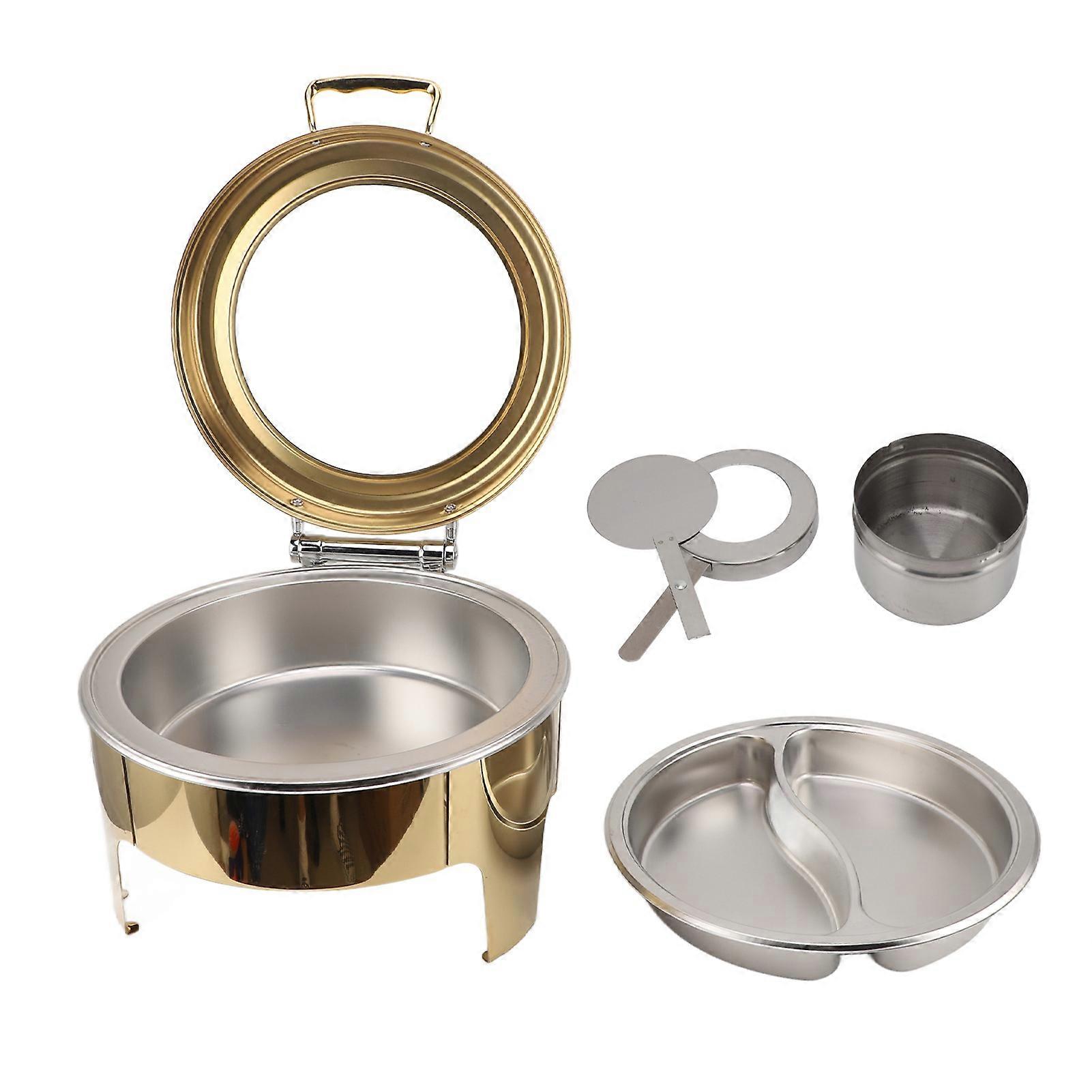 Round buffet warmer, gold, 90 degree hinged lid, stainless steel, 6 litre capacity, with alcohol, 1 double compartment container
