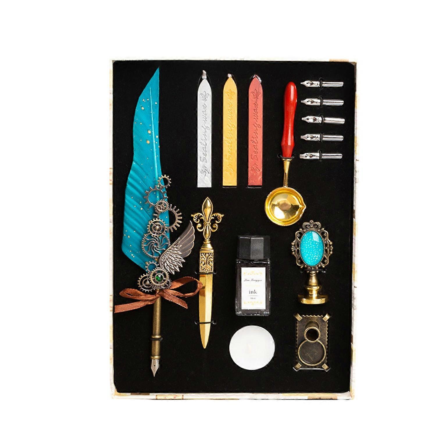 Vintage Quill Pen Set with 5 Replaceable Nibs Ink Absorbent Smooth Writing Metal Feather Pen Set