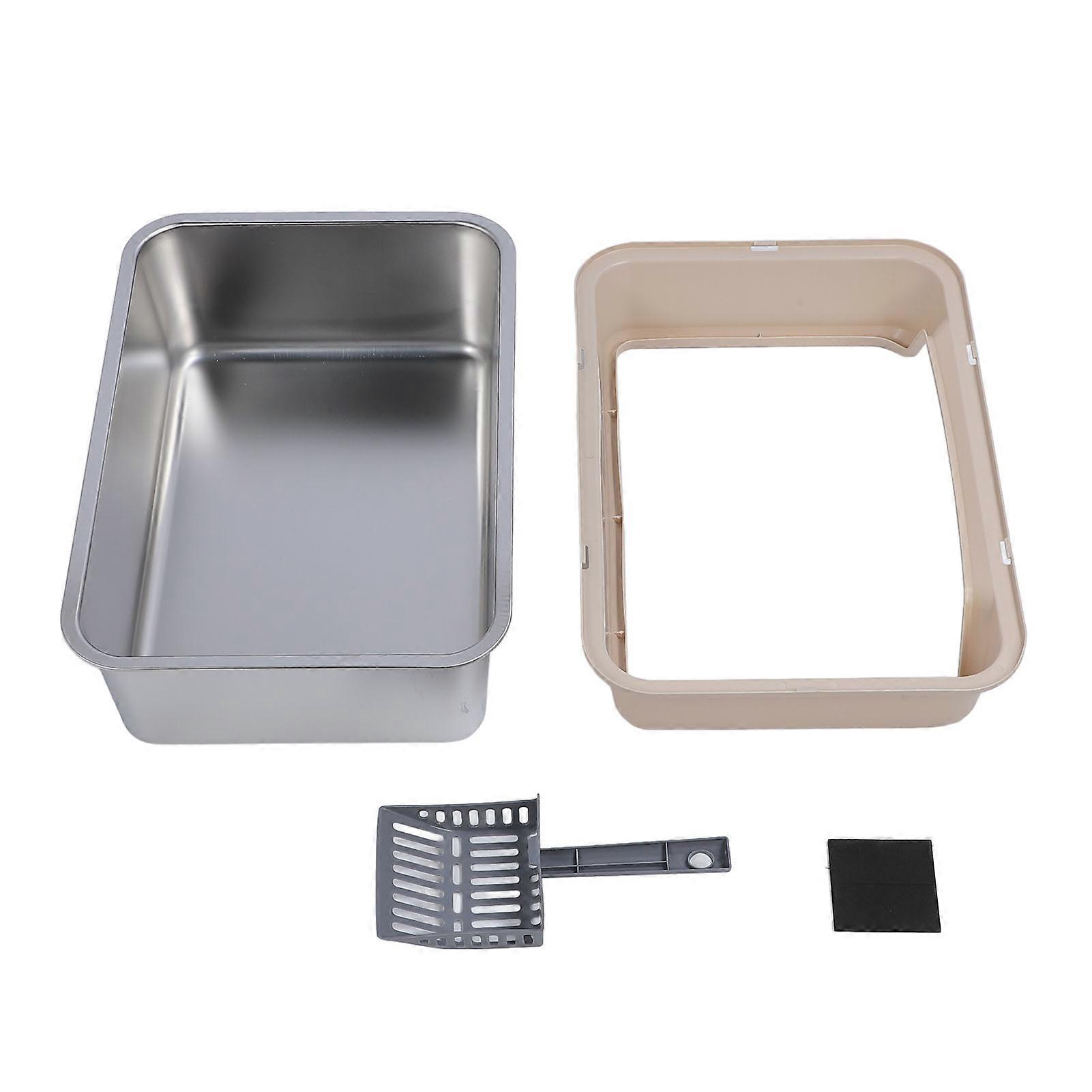 Stainless Steel Cat Litter Box Anti Splashing Top Entry Large High Sided Kitty Litter Pan with Scoop for Big Cat Khaki