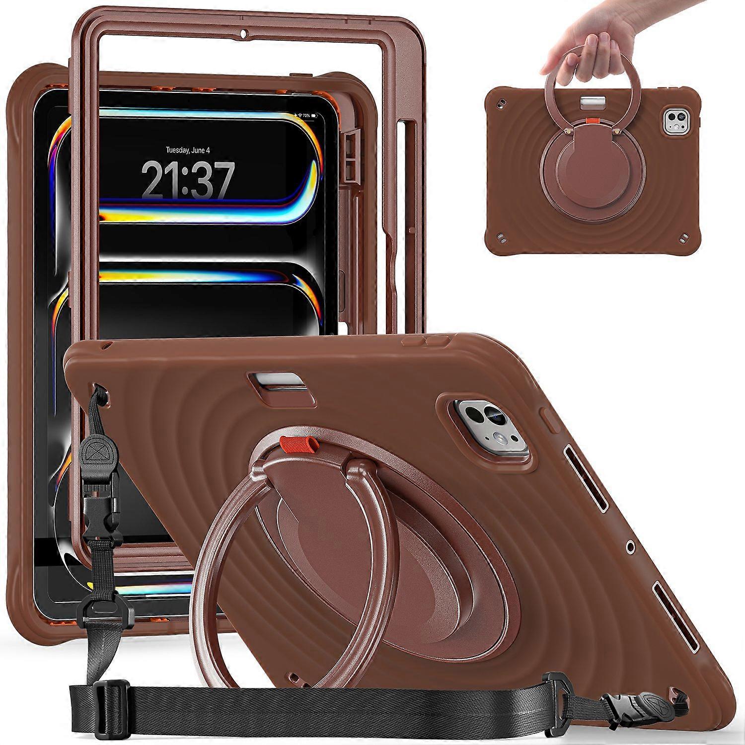 For iPad Pro 11 (2024) Case with Shoulder Strap Kickstand PC Silicone TPU Tablet Cover - Chocolate C