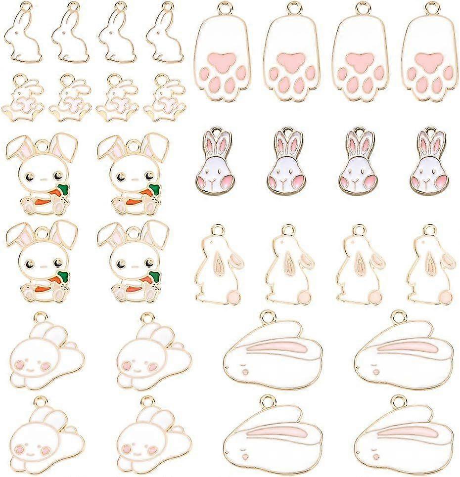 1Box Nbeads 32Pcs 8 Style Alloy Enamel Pendants Rabbit White 4pcs/style