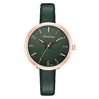 Mode étroit PU Bracelet De Cuir Montre Quartz Chiffre Grand Cadran Rond Montre Femme (Vert)