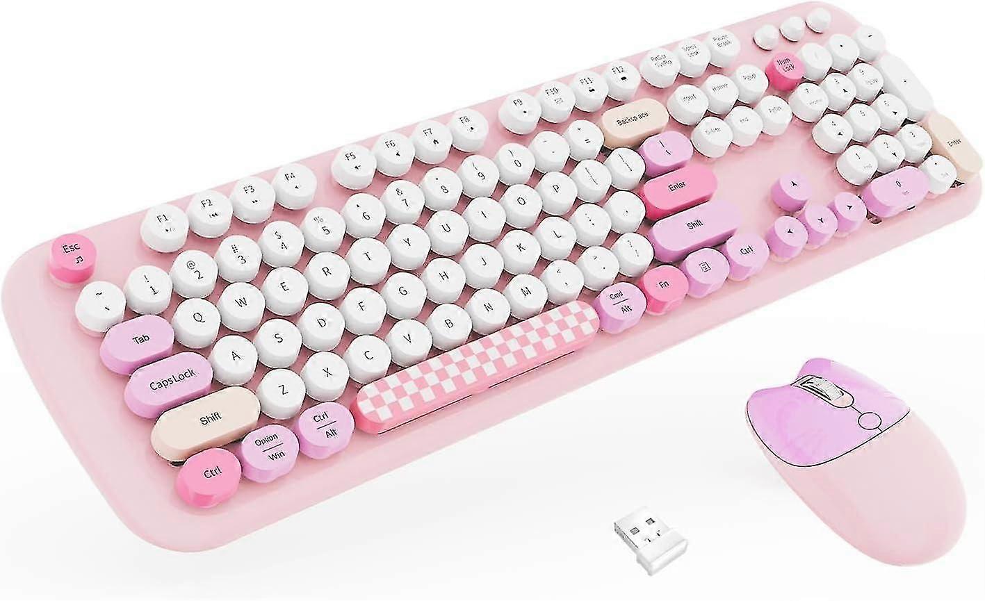 Cute Multicolor Wireless Keyboard with Mouse Combo,Retro Round keys