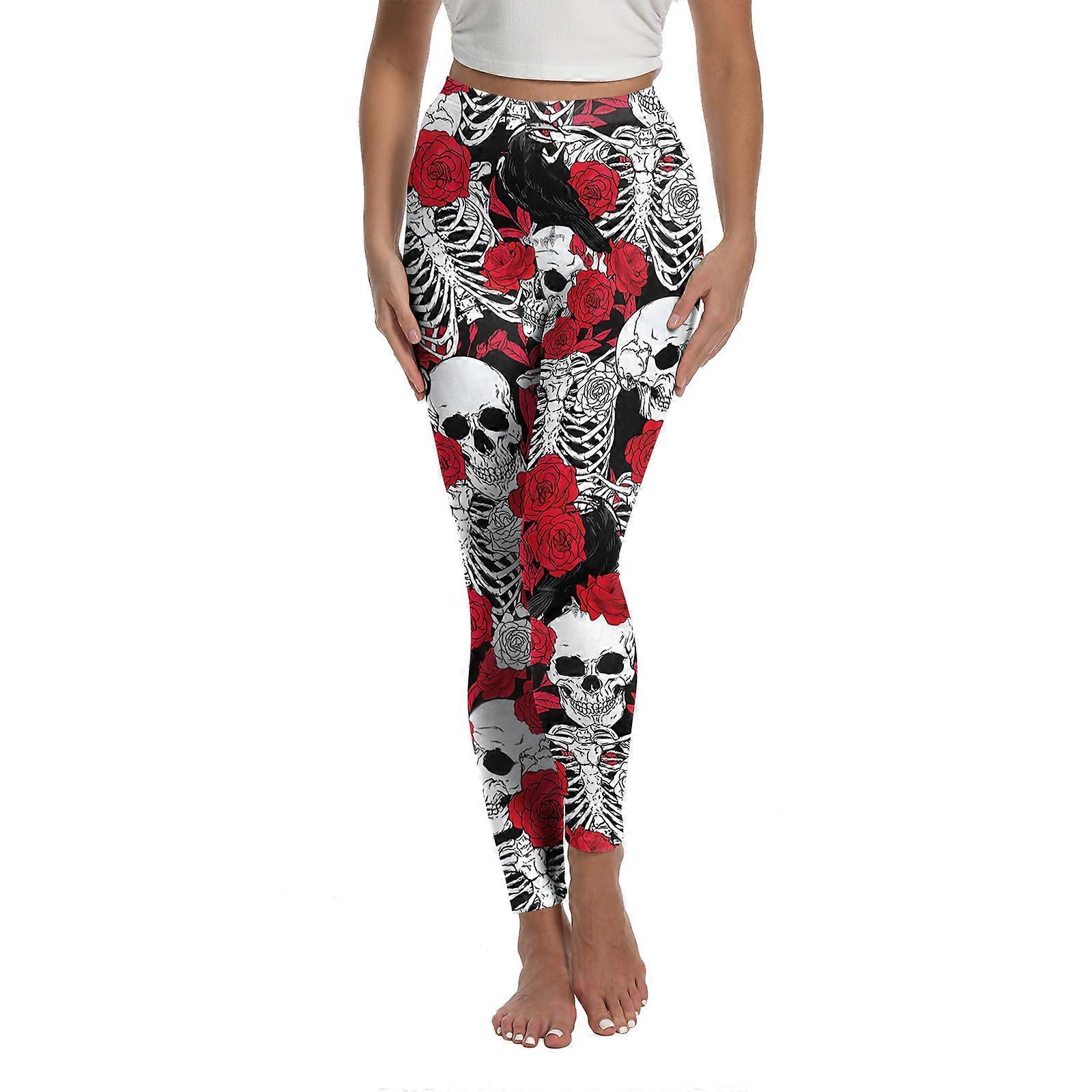 Halloween Womens Flower Skull Print Leggings Stretchy Milk Silk Ankle Length Yoga Pants for Day of the Dead Party Tights  Style 6 XL