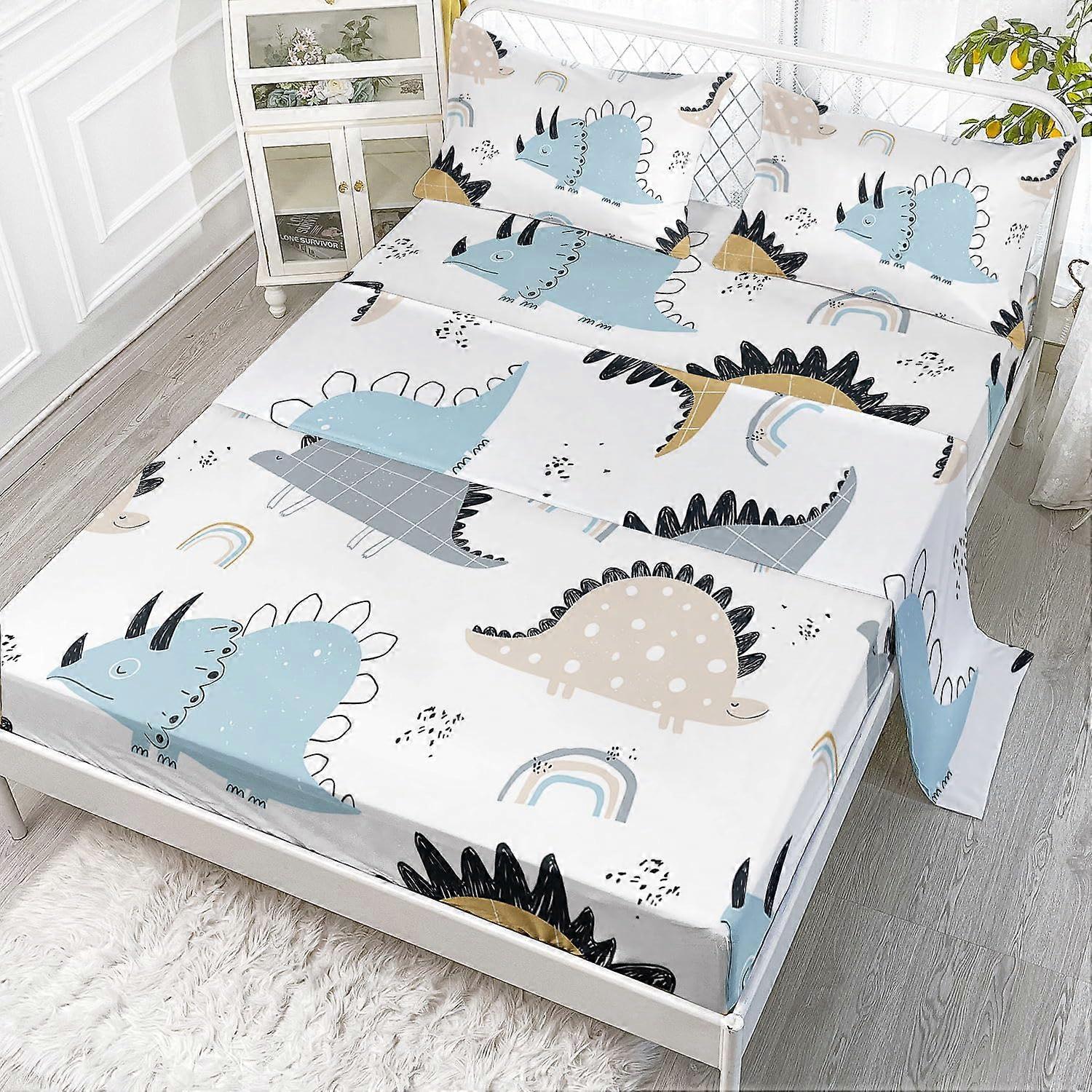 Cute Dinosaurs Sheets Set 4Pcs for Kids, Queen Size Cartoon Dinosaur Print Bedding with Flat Sheet, Fitted Sheet, 2 Pillowcases