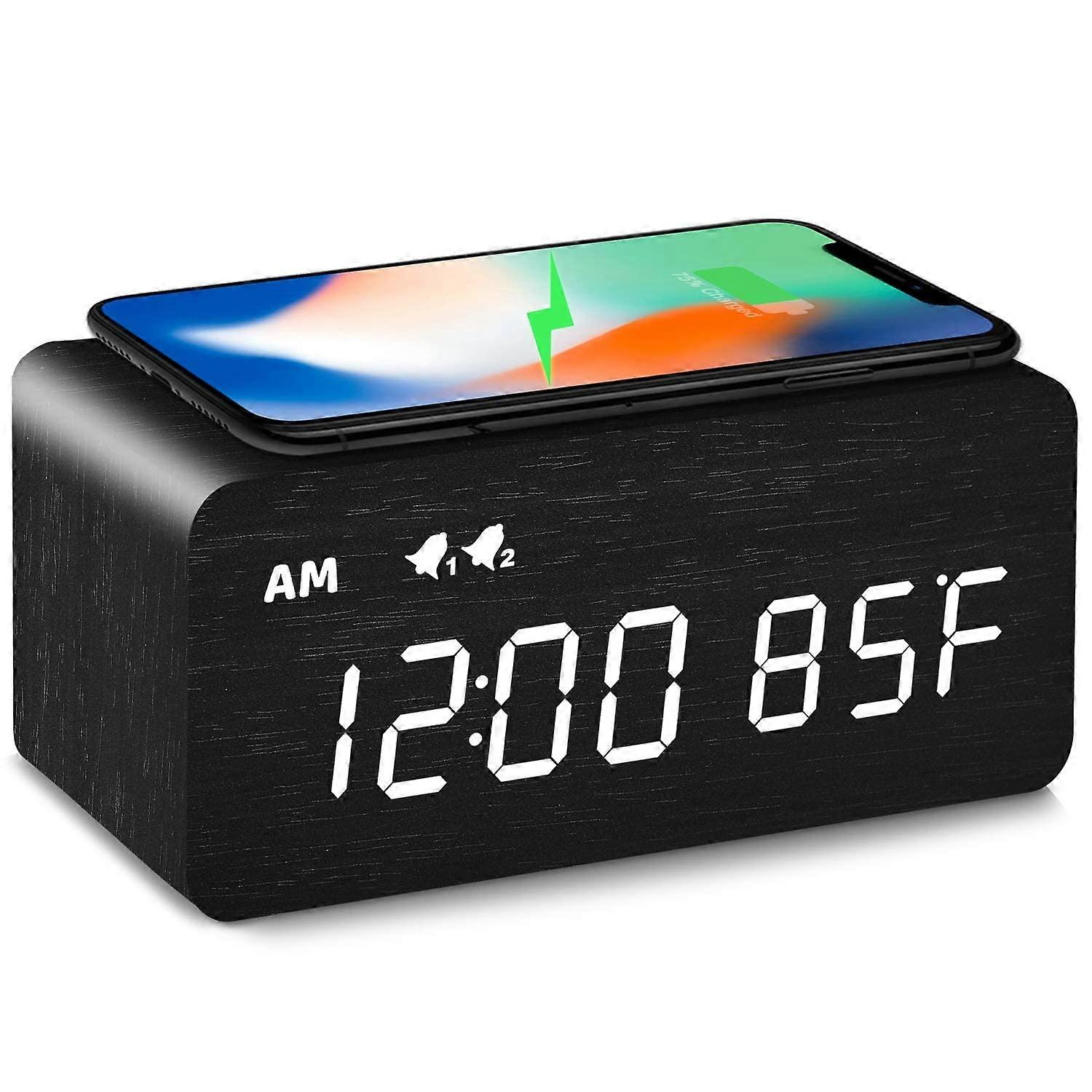 Digital Wooden Alarm Clock with LED Display and Dimmer for Bedroom, Modern Style, Battery Operated, 12/24 Hour Format