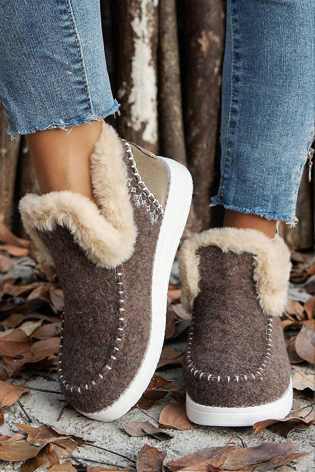 Women's Coffee Suede Stitching Patchwork Plush Lined Anklet Boots