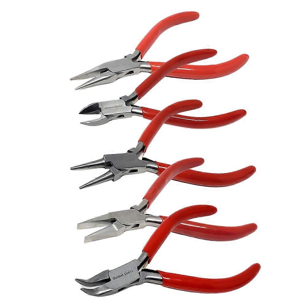 Multifunction 5 Piece Jewelry Pliers Kit Stainless Steel Needle Nose and Round Wire Cutters with Anti-Slip Handle for DIY Beading Crafts