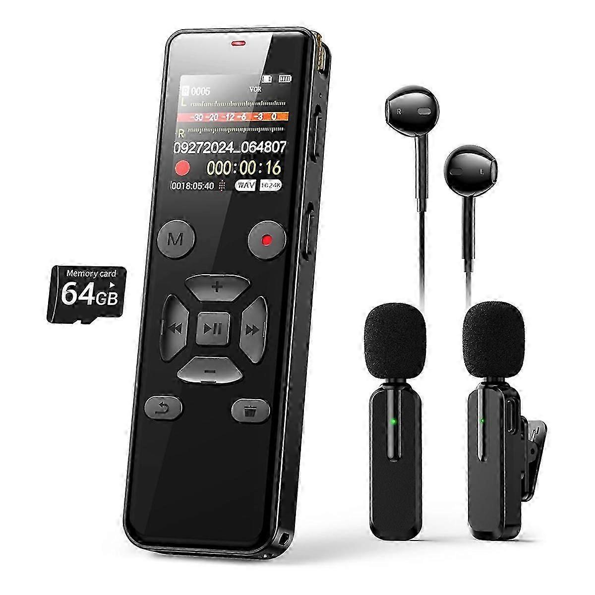 72GB Digital Voice Activated Recorder with Playback, Audio Recorder Device with Wireless Microphone,Noise Reduction