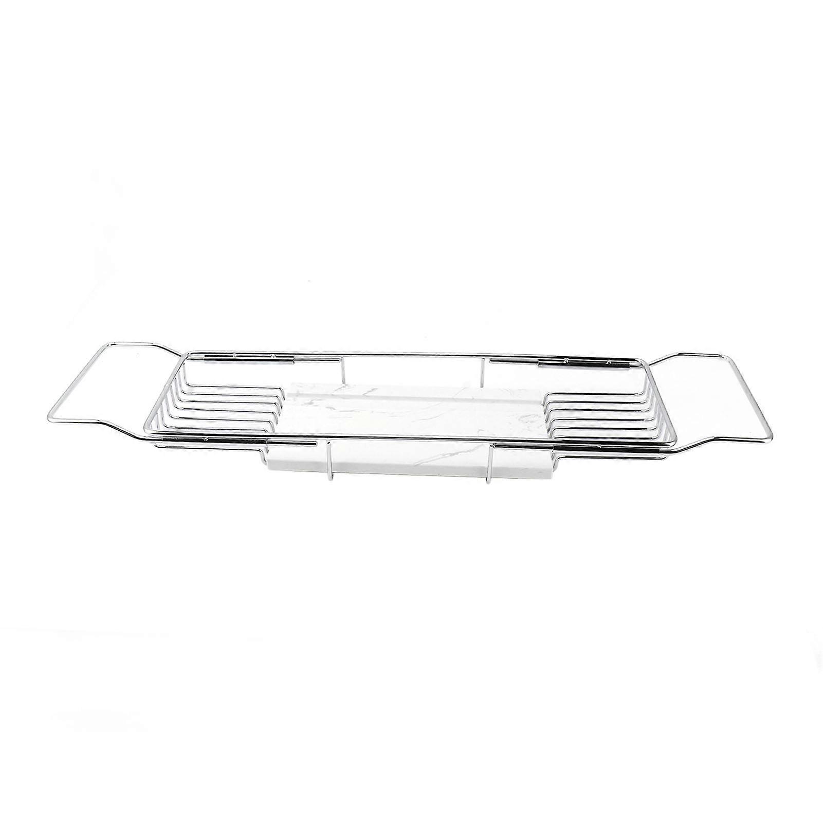 Metal and Marble Bathtub Caddy, Non-Slip, Space Saving, Multifunctional, Extendable, Housewarming Gift, Silver and White