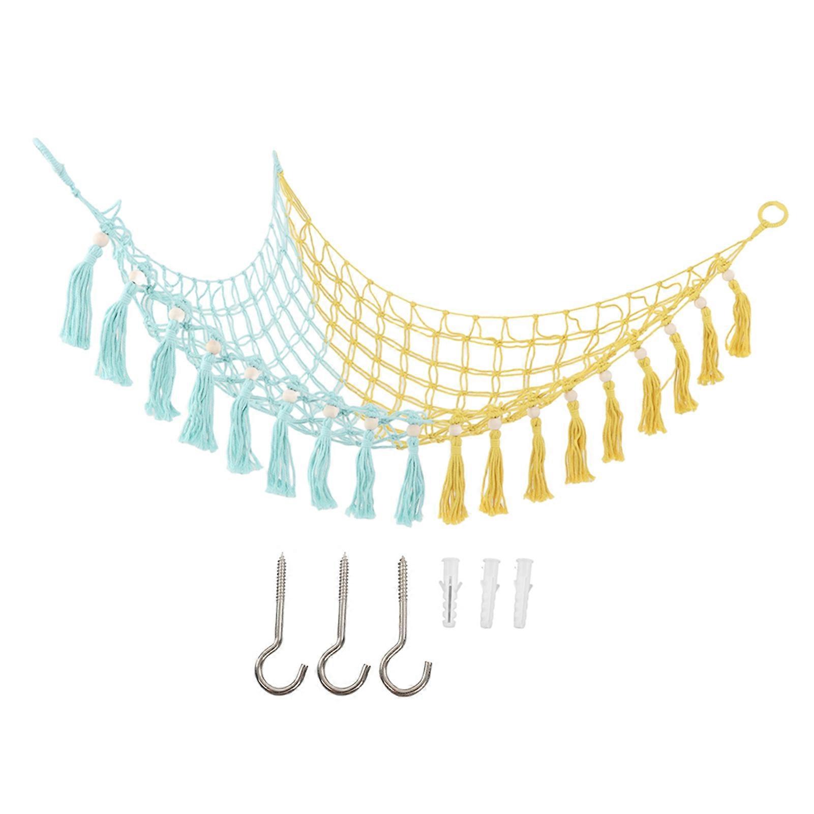 Hamac de rangement pour jouets, triangle tissé, perles en bois, pompons, hamac pour animaux en peluche pour la maison, bleu et jaune