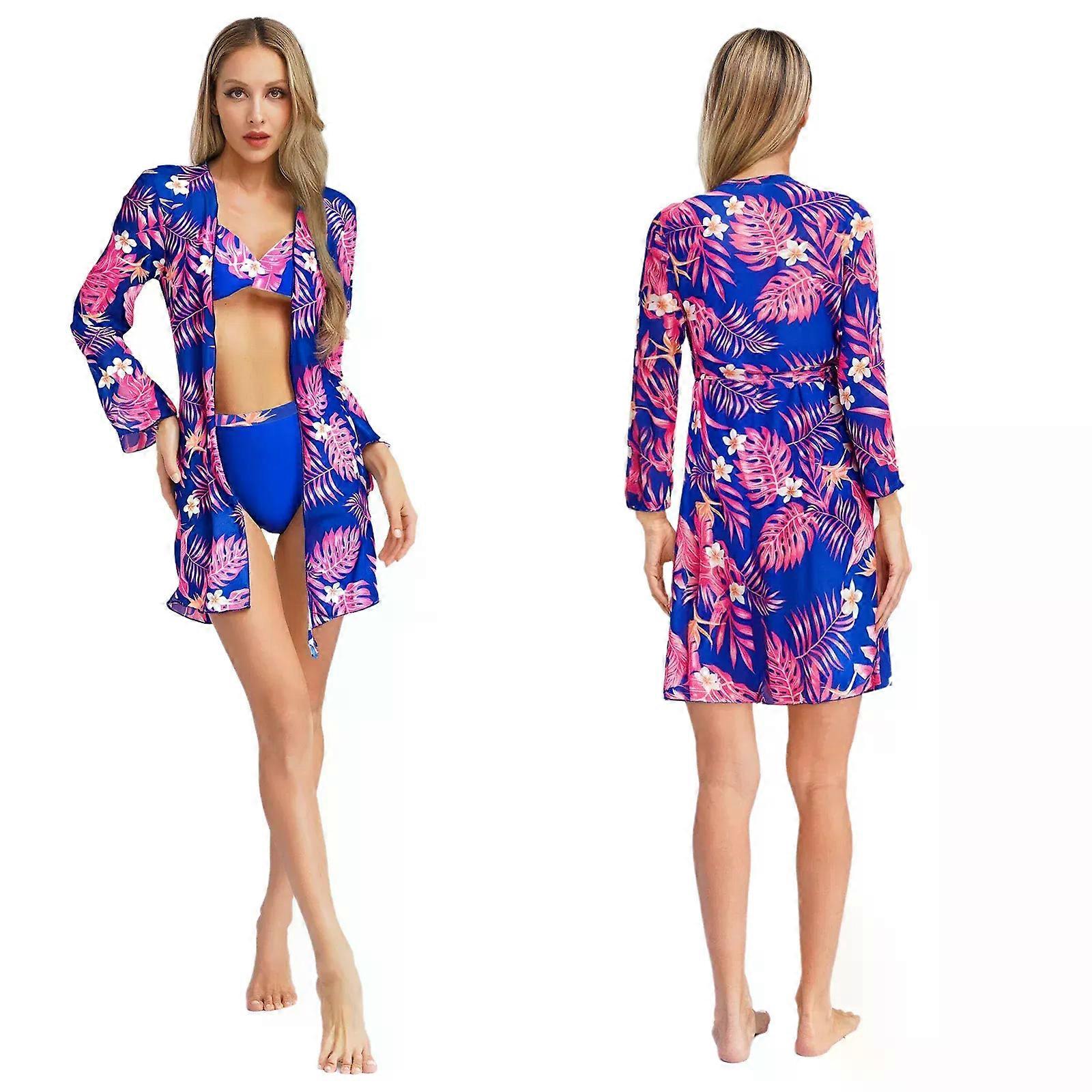 Frauen Tropical Print Bikini Set Badeanzug Bügel gepolsterter BH mit Slip Chiffon Cover-up Strand Pool Badeanzug Bademode