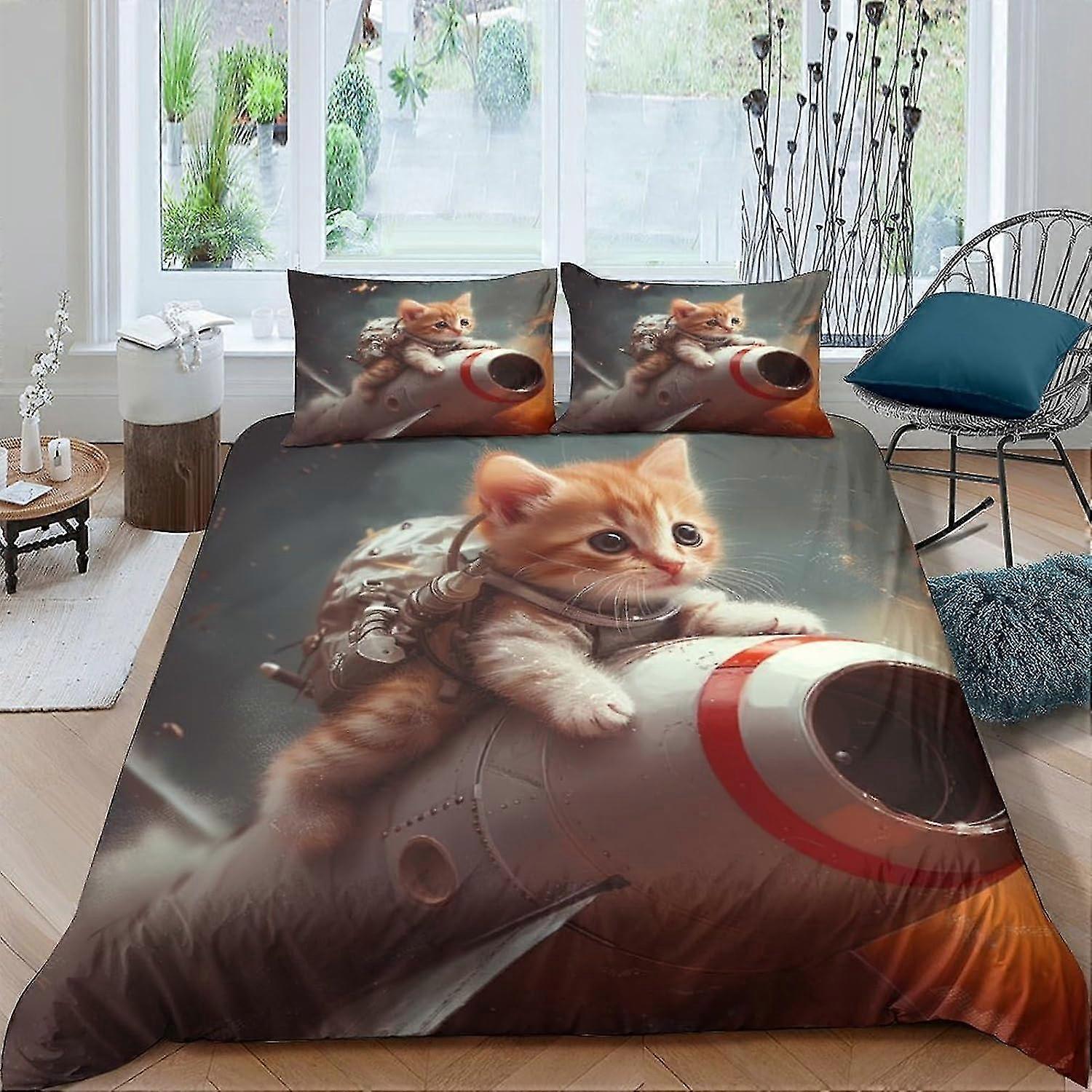 3D Printed Space Cat Duvet Cover Set for Teens and Adults, Soft Microfiber Bedding with Zipper Closure