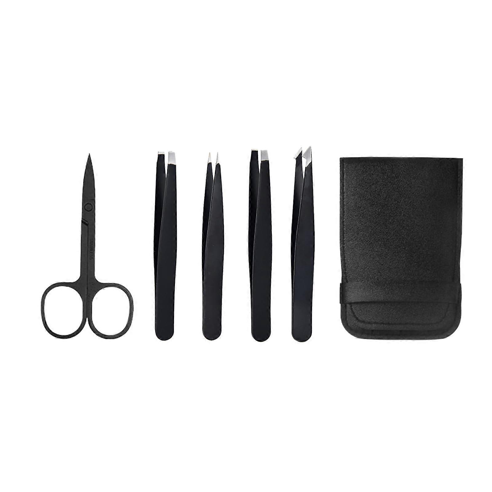 Tweezers Stainless Steel 5-Piece Set With Flat Tip And Angled Tip For Eyebrows, Eyelashes, Beard, Eyelid Stickers