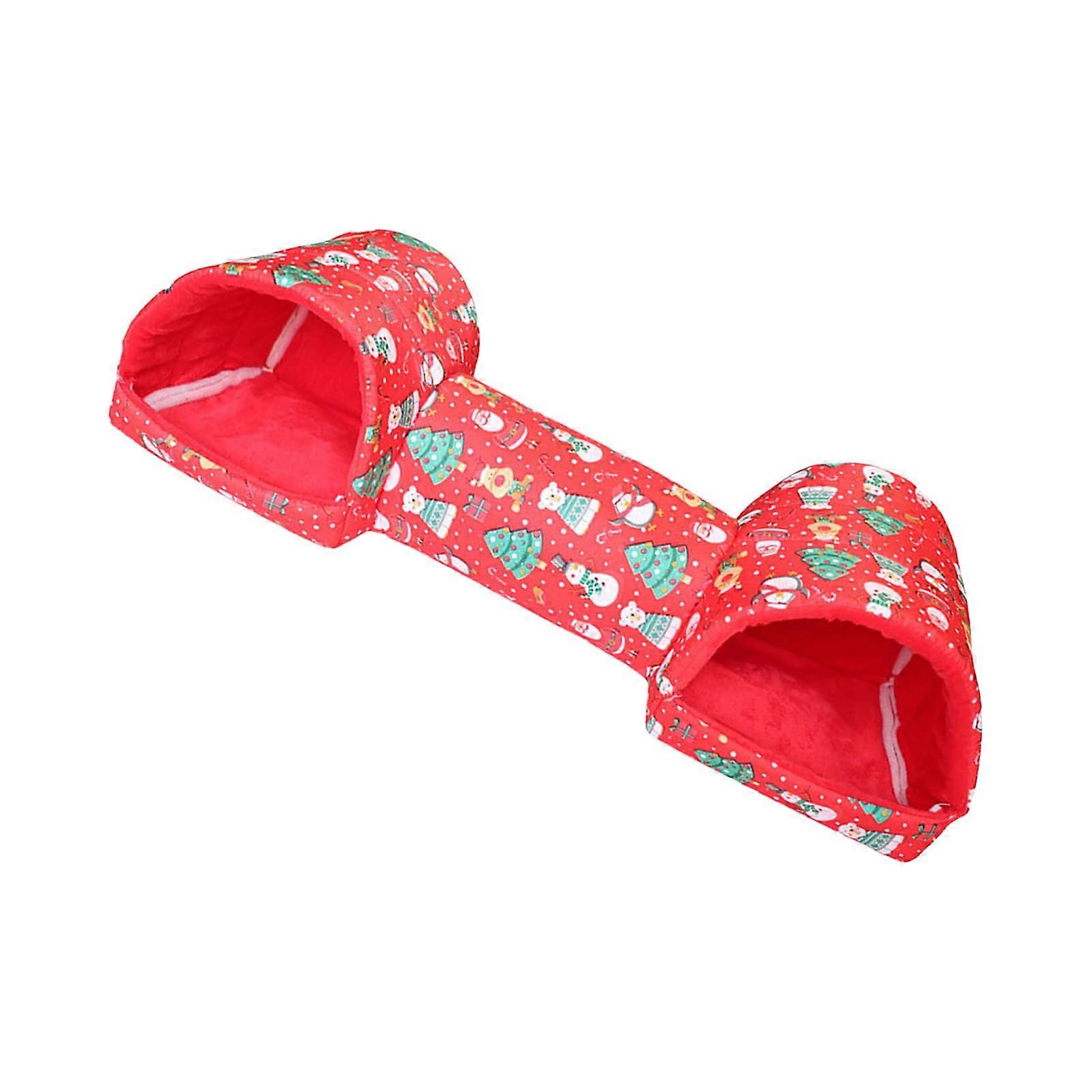 Multifunctional Pet Cave Bedding with 2in1 Nest and Tunnel Design, Warm Hideaway House for Rodents, Hedgehogs, and Resting – Red Snowman