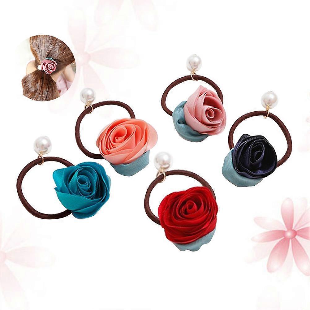 Assorted Color Flower Hair Ties for Girls Decorative Hair Accessories 5 Pcs Plastic Ponytail Ropes