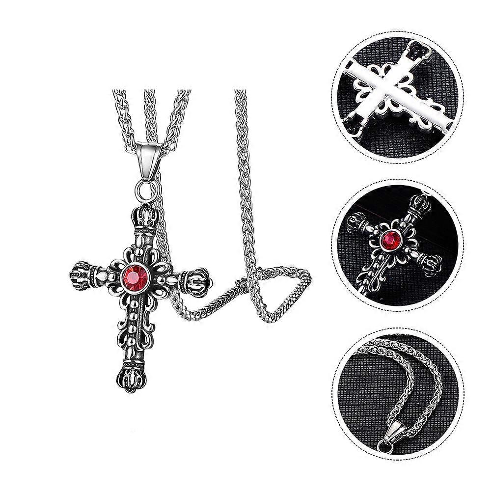 Stainless Steel Cross Pendant Necklace with Red Zircon for Men – Unique Gothic Neck Ornament, Stylish Accessory for Multiple Occasions