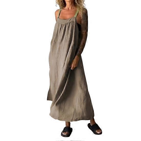 Women Summer Suspender Dress Low-cut Sleeveless Backless A-line Bohemian Style Pure Color Oversized Pleated Side Pockets Mid-calf Length Midi Sundress