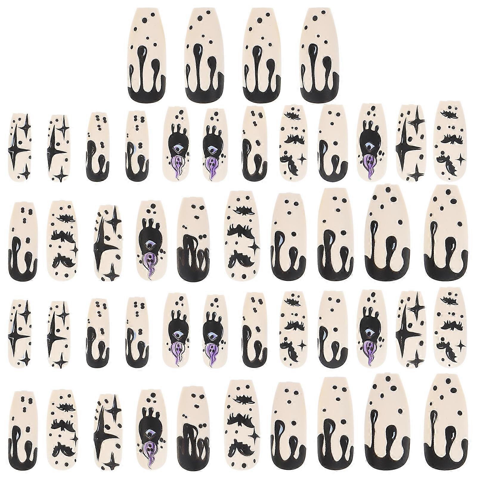 Assorted Color Long Shape Halloween Press On Nails Decor Full Cover Stick On Nail 48Pcs