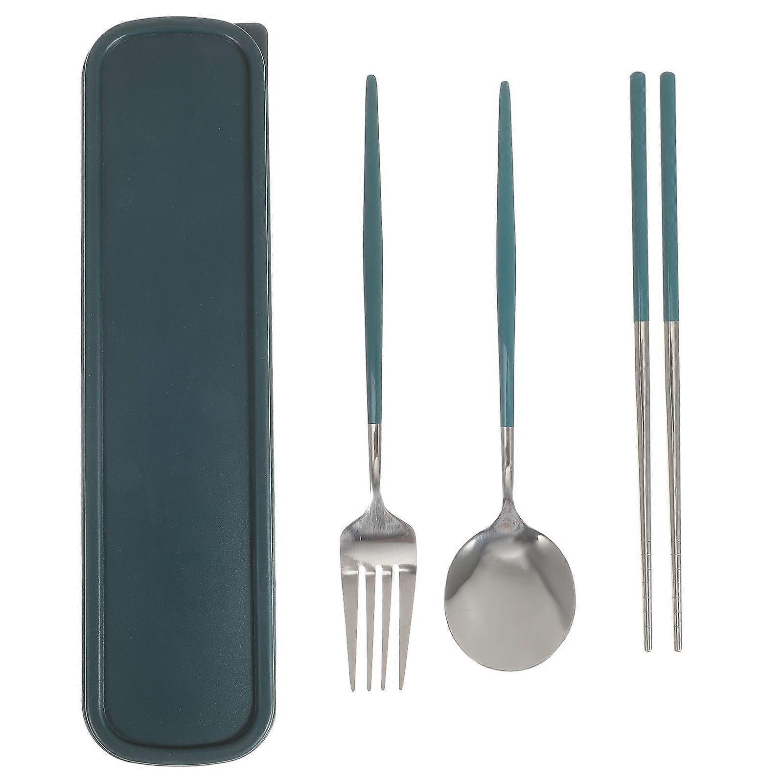 Portable Stainless Steel Fork Spoon Chopsticks Set for Camping Outdoor Space Saving Design with Holder Green