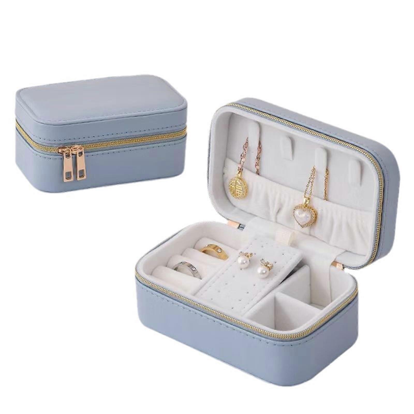 Mini storage box for travel jewelry with zipper, portable earring box – compact luxury storage box for necklaces and bracelets (Blue)