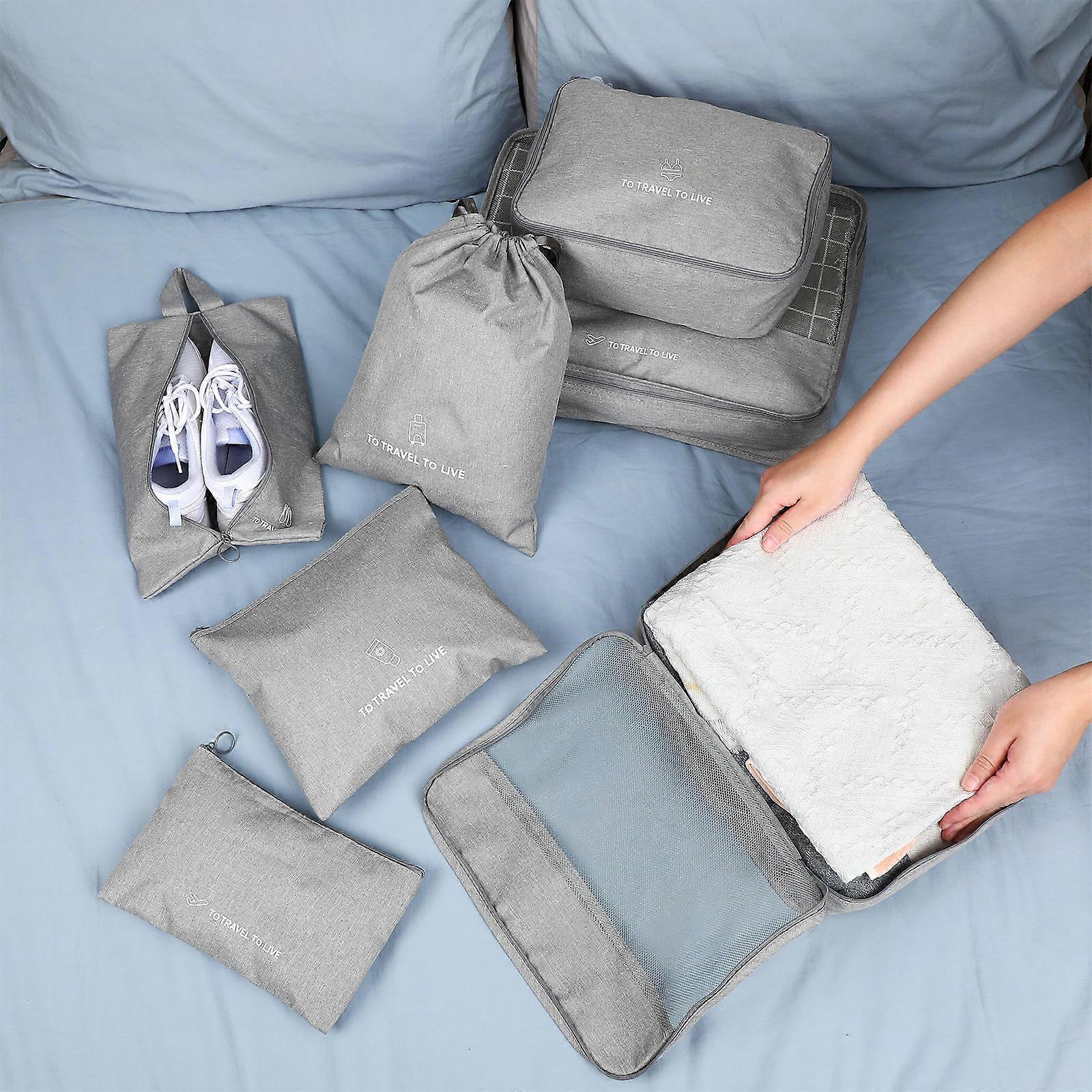 Travel Packing Cubes Set with Cation Oxford Cloth 7 Pieces Grey Storage Bags for Suitcase 2125 Inches